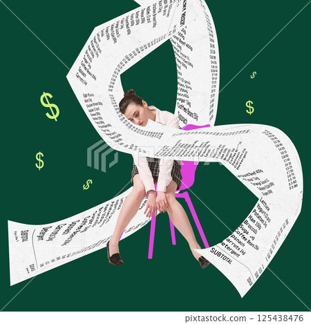 Tired woman sits tangled in looping receipts overwhelmed by cost of basic needs and collapsing finances. Tired woman sits tangled in looping receipts overwhelmed by cost of basic needs and collapsing finances. 125438476