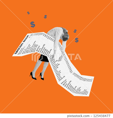 Exhausted woman collapsed over giant grocery receipt illustrating emotional toll of rising everyday expenses. 125438477
