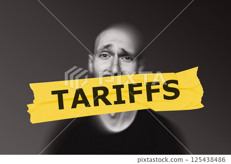 Worried man with yellow TARIFFS tape covering mouth reflecting helplessness in face of rising trade costs and economic restrictions. 125438486