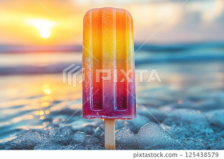 Popsicle with rainbow colors on a long stick on a summer background. Summer fun. Retro style. 125438579