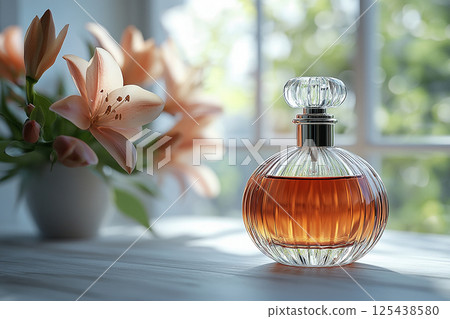 Luxurious perfume bottle glistening positioned on a flowers spring background. Showcasing high-end fragrance products in marketing and advertising campaigns. Luxurious perfume bottle glistening positioned on a flowers spring background. Showcasing high-end fragrance products in marketing and advertising campaigns. 125438580