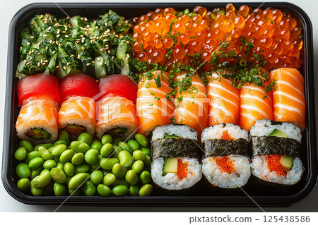 Homemade Bento lunch box. Japanese style bento box featuring sushi rolls, edamame, tamagoyaki and pickled vegetables. 125438586