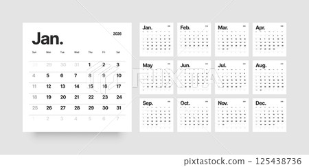 Monthly calendar layout for 2026. Planner diary. Monthly calendar layout for 2026. Planner diary. 125438736