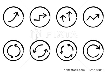 Set of cute simple arrow icons in hand drawn black and white, growth and repeat (circle button type) 125438843