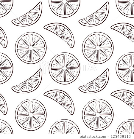 Seamless pattern with line art style lemon slices on white background. Perfect for healthy food packaging, kitchen, textile, summer design and citrus fruit project. 125439113