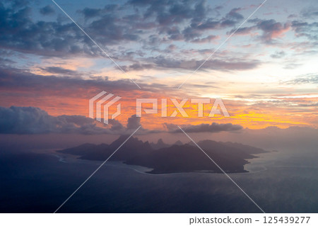 Aerial view of Moorea island at sunset, French Polynesia 125439277