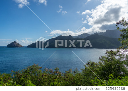 Cliffs and coastline of Taiohae Bay in Nuku Hiva, Marquesas Islands, French Polynesia 125439286