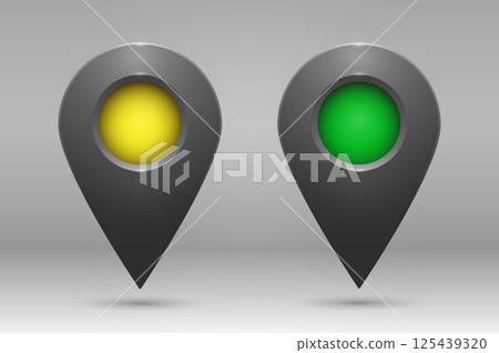 Realistic geolocation icons in yellow and blue on a gradient background. 125439320