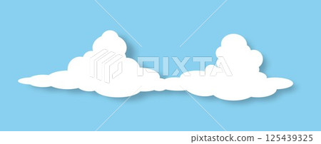 The icon of a white fluffy double cloud with a shadow on a blue background. 125439325