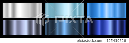 A set of six blue and silver metallic gradients on a black background. 125439326