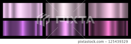 A set of six shiny metallic gradients on a black background. A collection of purple and magenta metallic gradients. A set of six shiny metallic gradients on a black background. A collection of purple and magenta metallic gradients. 125439329