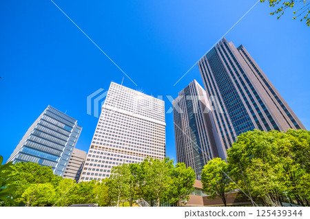 Tokyo cityscape in Japan in April, overlooking the Ministry of Education, Culture, Sports, Science and Technology and Kasumigaseki Building in the government district with fresh greenery 125439344