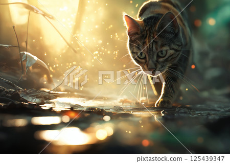 A cat walking through a landscape surrounded by fantastic light and water 125439347