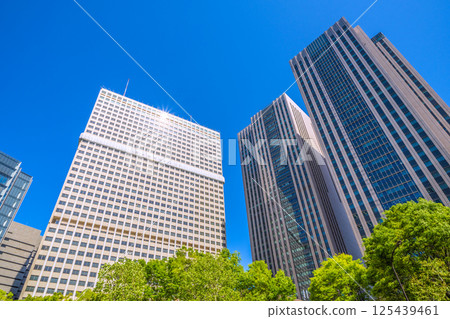 四月的日本東京城市景觀，俯瞰政府區的文部科學省和霞關大樓，綠樹成蔭 125439461