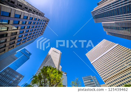Tokyo cityscape in Japan in April, overlooking the Ministry of Education, Culture, Sports, Science and Technology and Kasumigaseki Building in the government district with fresh greenery 125439462
