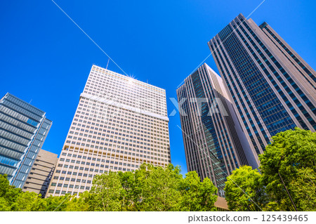 四月的日本東京城市景觀，俯瞰政府區的文部科學省和霞關大樓，綠樹成蔭 125439465