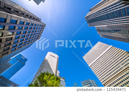 四月的日本東京城市景觀，俯瞰政府區的文部科學省和霞關大樓，綠樹成蔭 125439471