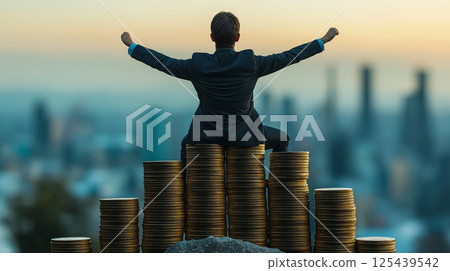 Successful person sitting on gold coins 125439542