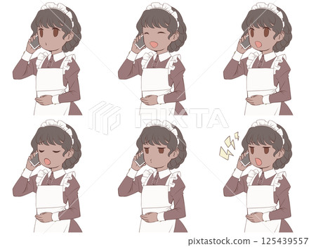 一組 6 種不同表情的黑皮膚女傭用智慧型手機打電話 一組 6 種不同表情的黑皮膚女傭用智慧型手機打電話 125439557