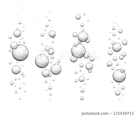 Water bubbles. Realistic fizzing underwater air bubbles popping up, fizzy drink or soda pop, sparkling water texture, effervescent drink. Vector isolated set 125439715