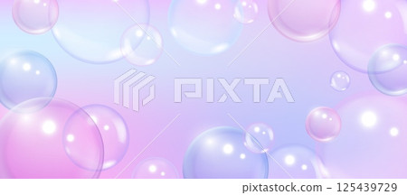 Pink soap bubbles. Realistic sud glossy 3D rainbow bubbles, shampoo and detergent foam spheres. Vector abstract background for cosmetics collagen or serum production concept 125439729
