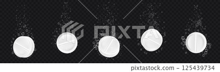 Fizzy pills. 3D soluble tablets with fizz air bubbles, effervescent pill in water. Aspirin or vitamin painkiller fizzy drugs and sparkling air bubbles. Vector isolated set Fizzy pills. 3D soluble tablets with fizz air bubbles, effervescent pill in water. Aspirin or vitamin painkiller fizzy drugs and sparkling air bubbles. Vector isolated set 125439734