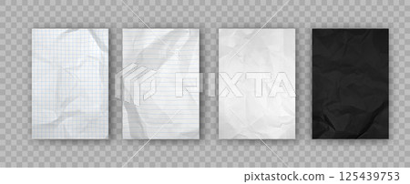 Crumpled notebook papers. Crumpled paper texture for flyers and posters. Black, white and notebook sheet with checks and lines. Blank page templates isolated. Realistic 3d vector set 125439753