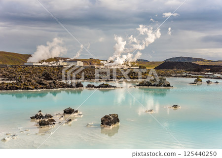Geothermal power station at Blue lagoon Iceland. Popular tourist attraction 125440250