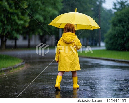 A child walking with an umbrella on a rainy day 125440465