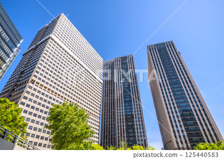 Tokyo cityscape in Japan in April, overlooking the Ministry of Education, Culture, Sports, Science and Technology and Kasumigaseki Building in the government district with fresh greenery 125440583