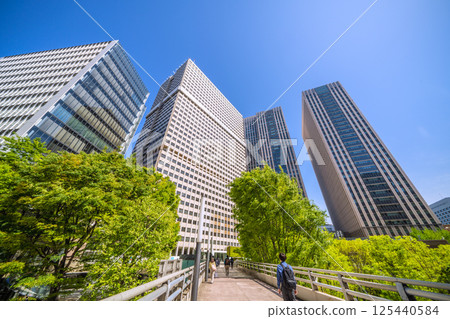 Tokyo cityscape in Japan in April, overlooking the Ministry of Education, Culture, Sports, Science and Technology and Kasumigaseki Building in the government district with fresh greenery 125440584
