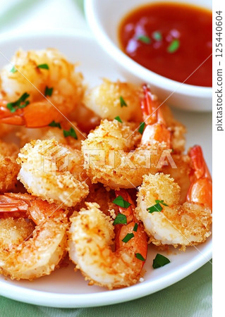 Crispy breaded shrimp with tangy dipping sauce on white plate. Crispy breaded shrimp with tangy dipping sauce on white plate. 125440604