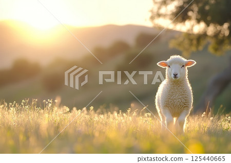 Serene lamb in sunlit meadow during golden hour and copy space. 125440665