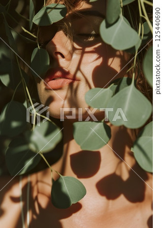 Serene female amidst sunlit greenery with artistic shadows. 125440690