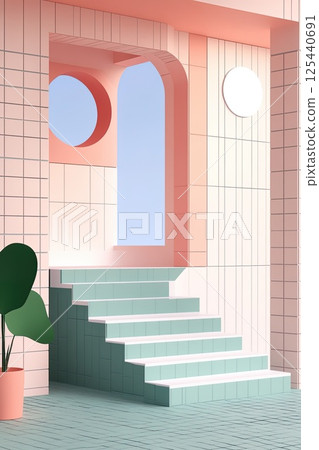 Modern minimalist pastel styled interior with stairs and geometric decor. 125440691