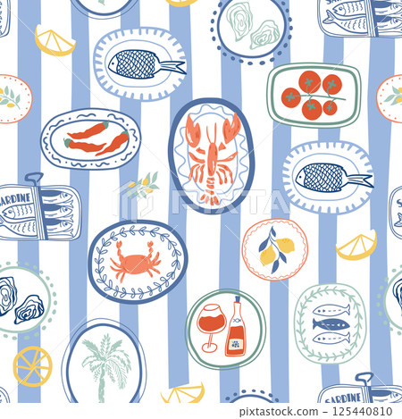 Blue striped Mediterranean summer seamless pattern. Cute Italian cuisine, lobster, crab, sardine in vector 125440810