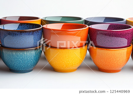 Variety of colorful bowls on a white background. Variety of colorful bowls on a white background. 125440969