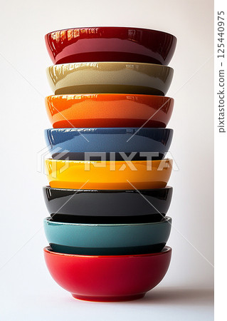 Stack of colorful bowls on a white background. 125440975