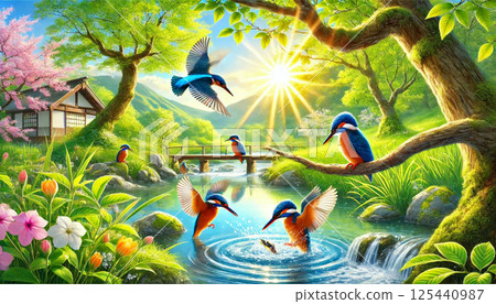 Kingfisher and young leaves with fresh greenery 125440987