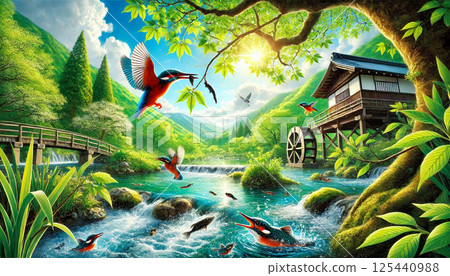 Kingfisher and young leaves with fresh greenery 125440988