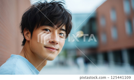 A beautiful moment in the profile of a male student with a gentle smile | University campus A beautiful moment in the profile of a male student with a gentle smile | University campus 125441109