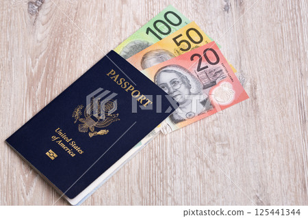 American passport with Australian dollar American passport with Australian dollar 125441344