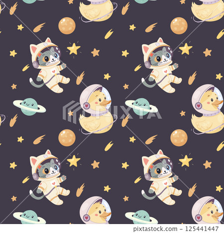 Seamless space pattern, cute space baby pattern. Astronaut cat, duck and planet Seamless space pattern, cute space baby pattern. Astronaut cat, duck and planet 125441447
