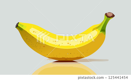 A perfectly ripe banana with smooth yellow skin and slight brown speckles, studio lighting, hyper-realistic, high detail, food photography style, minimal shadow, soft reflection on surface 125441454