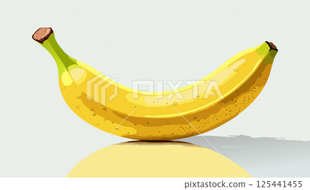 A perfectly ripe banana with smooth yellow skin and slight brown speckles, studio lighting, hyper-realistic, high detail, food photography style, minimal shadow, soft reflection on surface 125441455