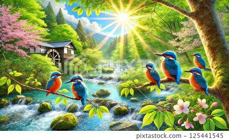 Kingfisher and young leaves with fresh greenery 125441545