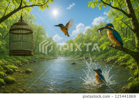 翠鳥和嫩葉與新鮮的綠葉-樹枝上的鳥籠 125441869