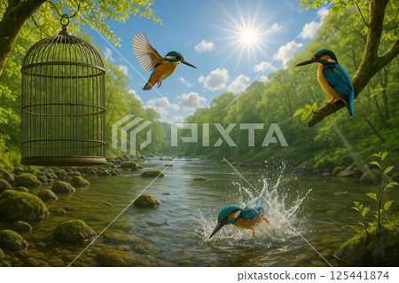 Kingfisher and young leaves with fresh greenery - Birdcage on a tree branch 125441874