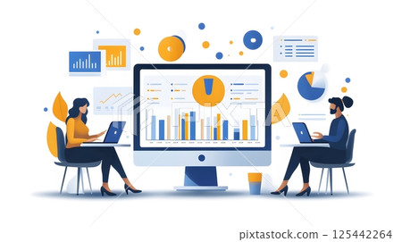 group of marketers using tablets and laptops to build ecommerce campaign, colorful charts and analytics 125442264