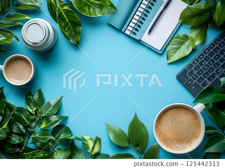 flat lay of productivity tools for online marketing, planner, coffee, phone flat lay of productivity tools for online marketing, planner, coffee, phone 125442313